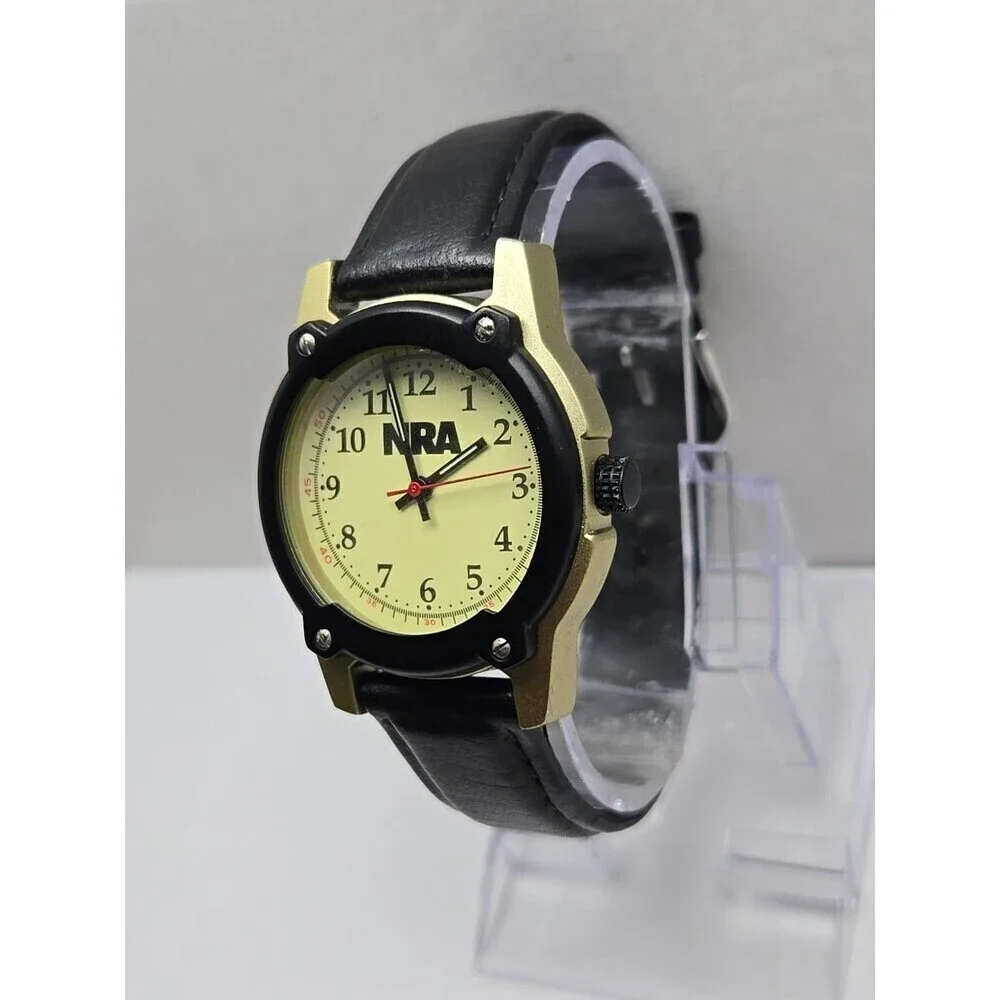 NRA Europa Quartz Watch Black Bezel Gold Tone Case Leather Band Mens New Battery